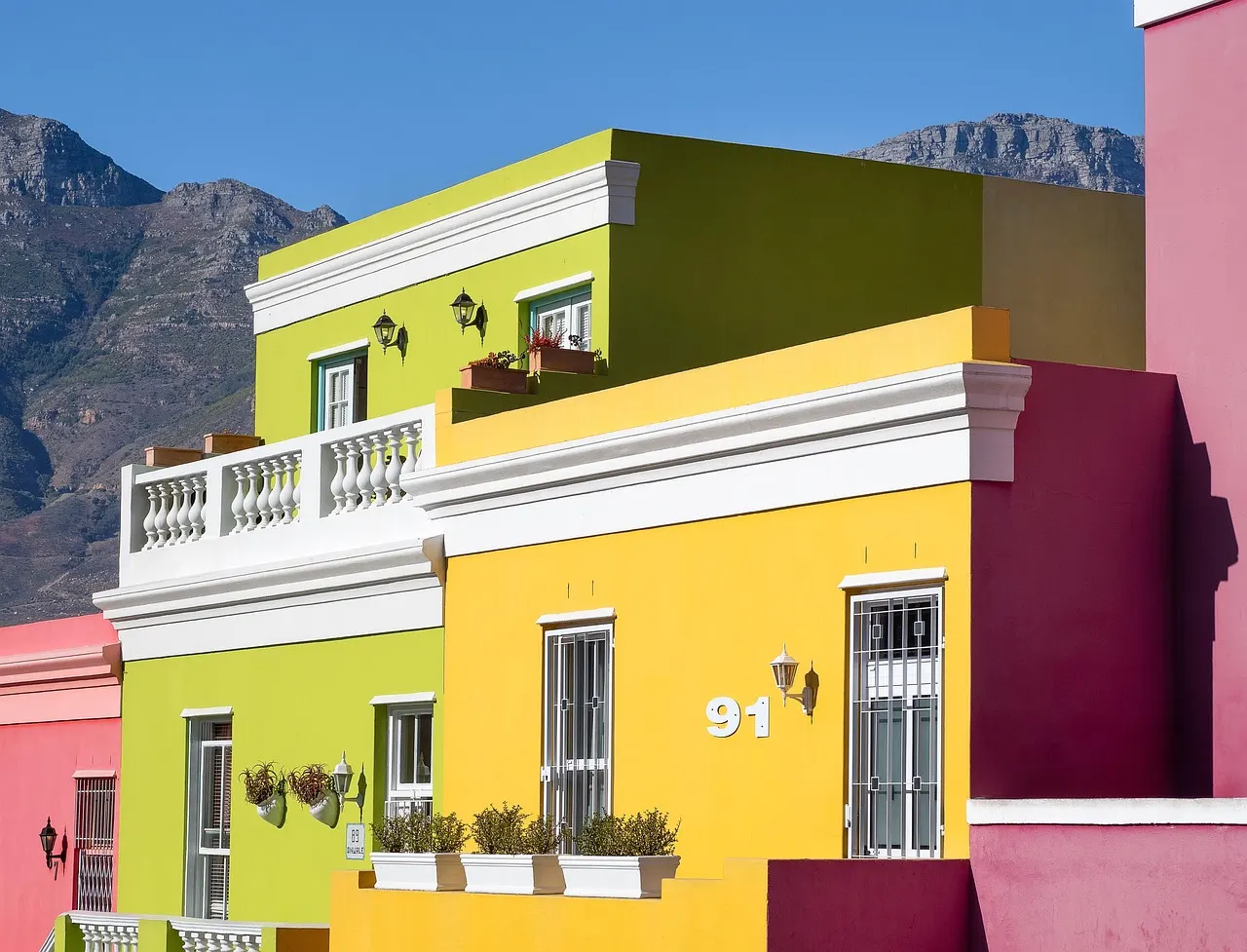 Colorful Bo-Kaap houses with Table Mountain in the background in Cape Town South Africa
