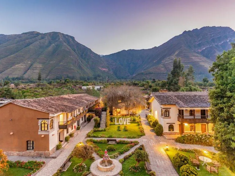 Gardens and mountain setting at Sonesta Posadas del Inca in the Sacred Valley